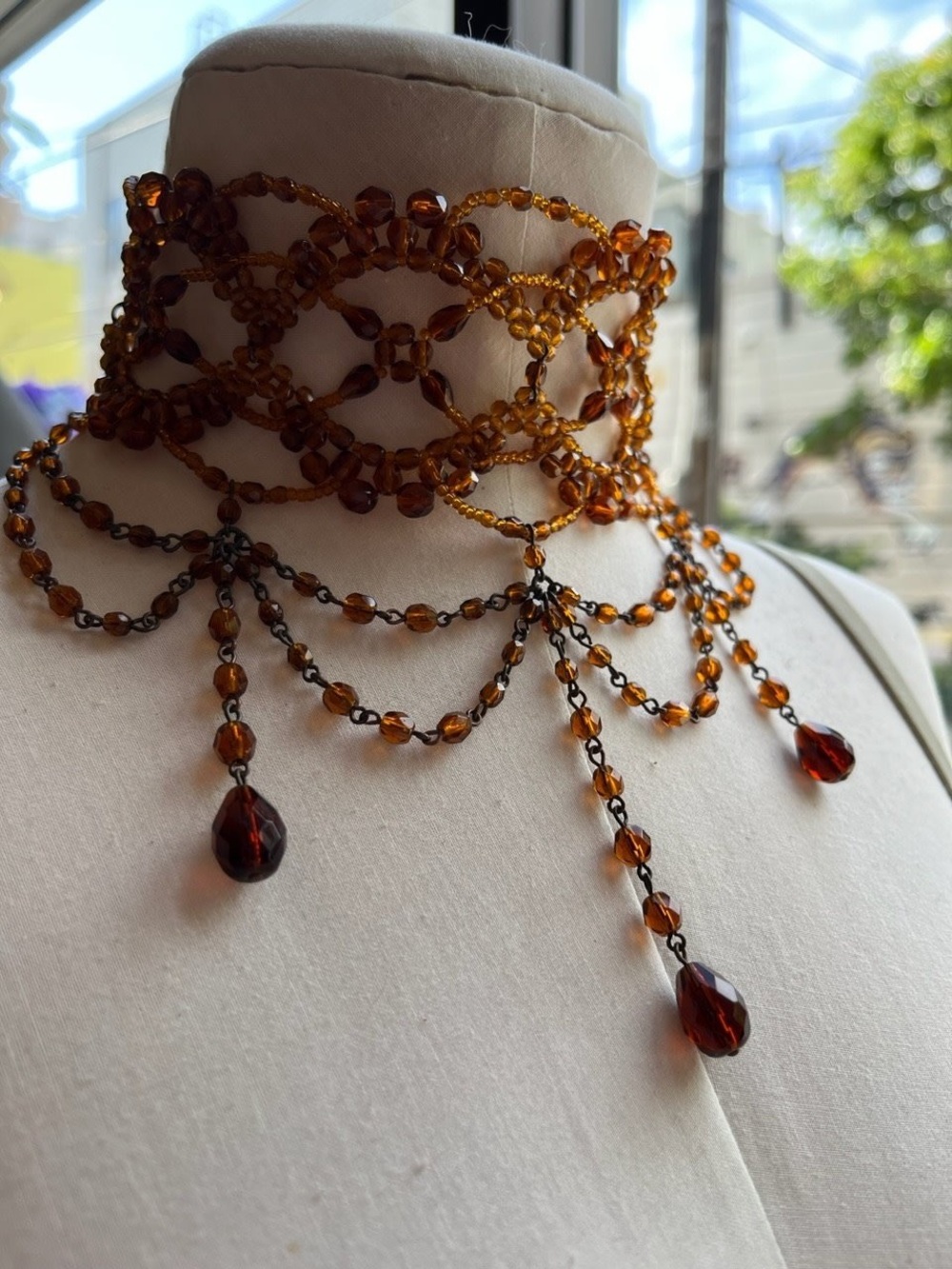 Vintage Victorian Style Gothic Amber Glass Beaded Festoon Collar Choker Necklace - Picture 2 of 15
